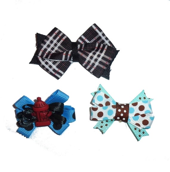 Dog hair small bows CLEARANCE pet grooming bow for boys black blue bands or barrette clip. (fb505)
