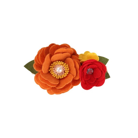 Puppy Dog Bows ~ Orange/red rose flower felt  pet hair bow collar slide accessory barrette (DC39)