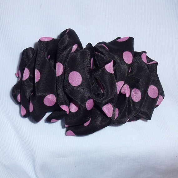 Becky Bows ~ Barrette chiffon Hand crafted over sized BIG hair bow Women or Girls black pink dots