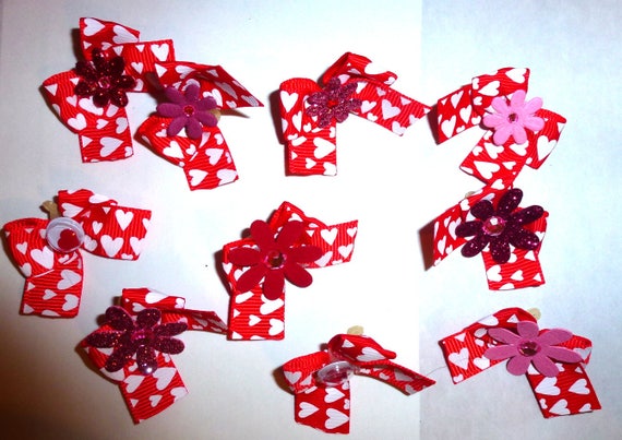 Puppy Bows ~ 10 red white heart Valentines EVERYDAY BOWS Yorkie Maltese Shih Tzu ~Usa seller (fb87)