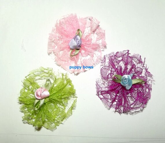 Puppy Dog Bows ~ Shabby chic lace SET OF 3 pinkwheels pet hair bow barrettes or bands (fb73)