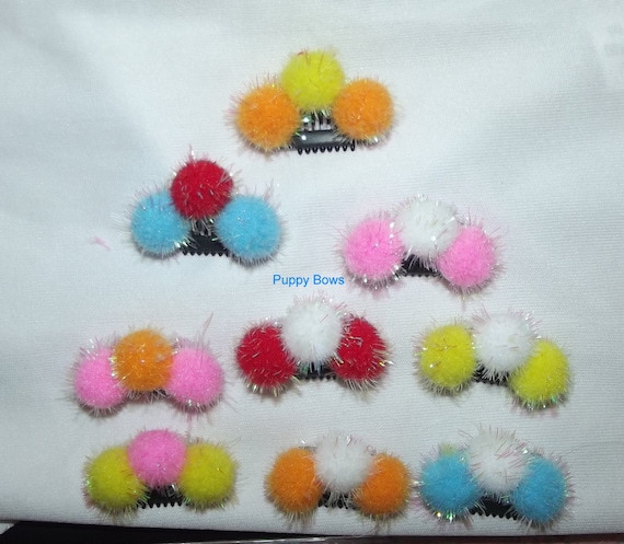 Puppy Bows ~ Multi color SMALL pom pom NEW type comb snap clips 1" lightweight  (fb35)