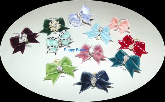 Puppy Bows ~wee tiny velvet dog bow pairs MALTESE rhinestone centers