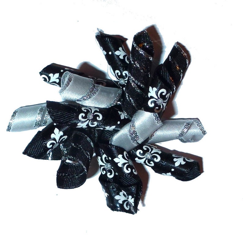 Puppy Bows ~Silver black fancy Korker loop dog bow pet hair clip barrette or latex bands fb120