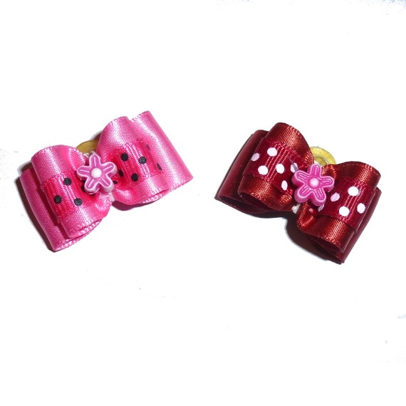 Puppy bows ~ 7/8" poppy pink or cinnamon red pet hair show bow barrettes or bands (FB290b)