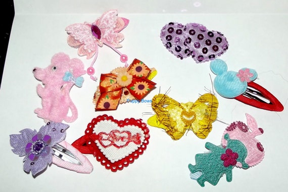 Becky's girlie bows set of 9 different snap clips pink purple flowers butterflies OOAK barrettes