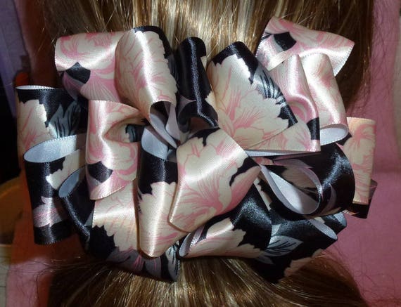 Becky Bows ~OOAK Barrette Hand crafted huge ribbon BIG hair bow Women or Girls giant pink black floral