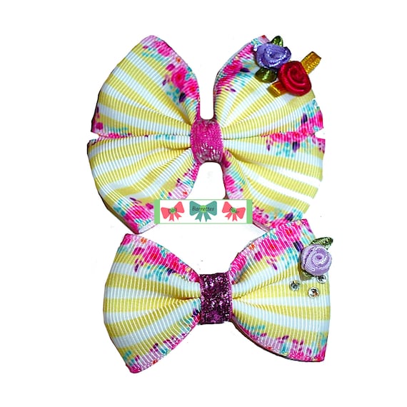 Puppy Bows Yellow roses and rhinestones dog  pet hair bowknot bow bands or barrette  (fb607)