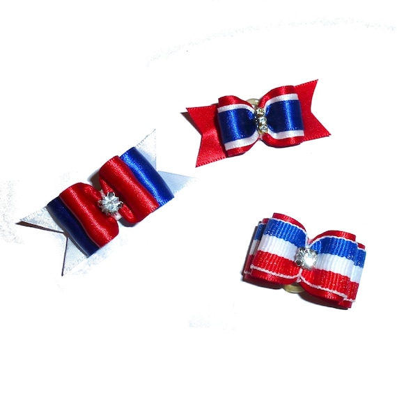 Puppy Bows ~  4th of July dog show bows 7/8" 5/8" red white blue barrette or latex bands (fb370)