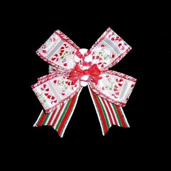 Christmas dog bow Glitter candy canes dog collar slide accessory  hair bows barrettes or bands (dc11)