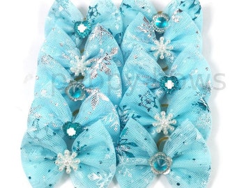 Winter New year's tulle blue snowflake everyday dog groomers grooming pet hair bows