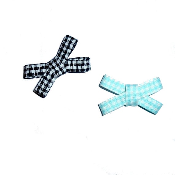 Puppy Dog Bows ~ CLEARANCE blue or black gingham linen criss cross shape pet hair bow barrettes or bands (fb45A)