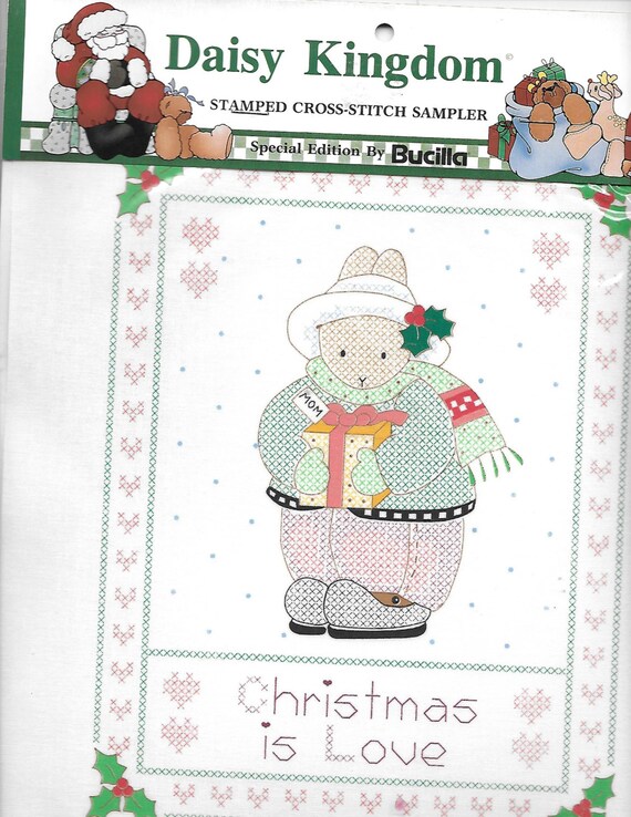 Puppy Bows ~ craft Buscilla Daisy Kingdom stamped cross stitch sampler 63444 Christmas love bunny rabbit