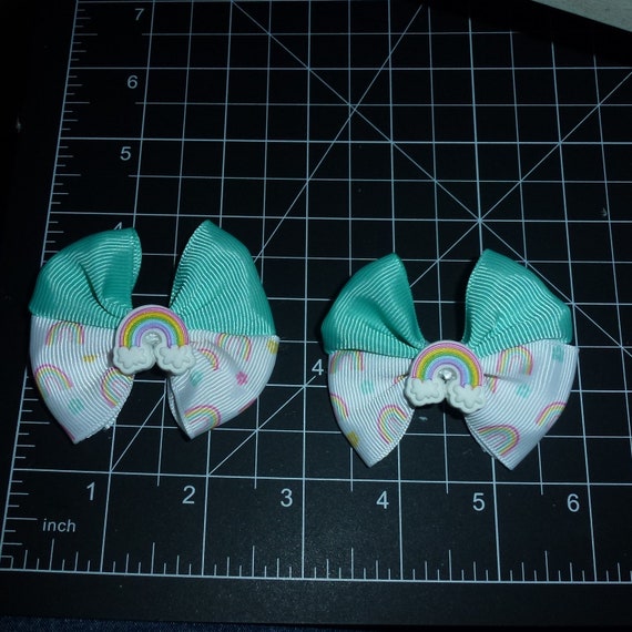 Puppy Bows ~ Turquoise blue double loop rainbow pet hair bow latex bands or barrette  (fb443C)