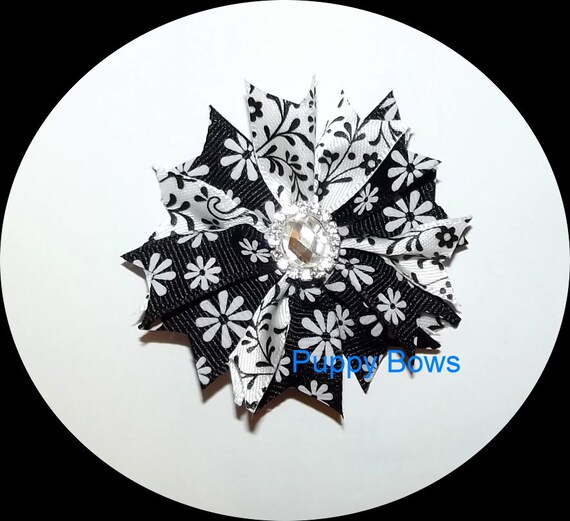 Puppy Bows ~BLACK white FLORAL round jeweled hair bow clip Poodle barrette dog grooming