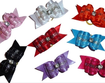 Puppy Dog Bows FINAL CLEARANCE ~ 7/8" metallic overlay rhinestone center  pet hair show bow barrettes or bands (FB95)