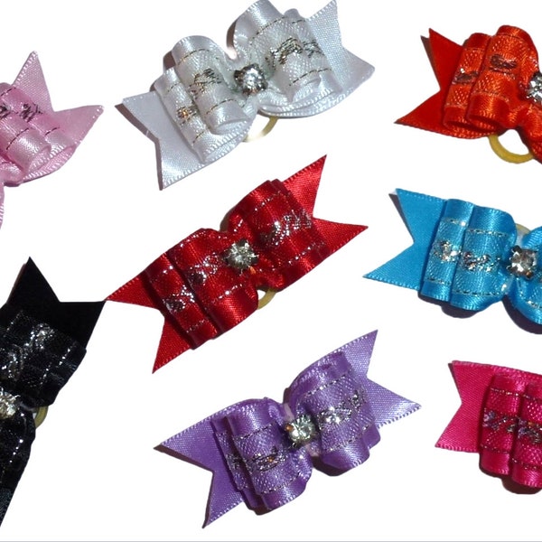 Puppy Dog Bows FINAL CLEARANCE ~ 7/8" metallic overlay rhinestone center  pet hair show bow barrettes or bands (FB95)