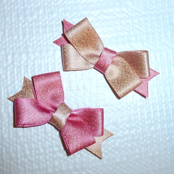 Puppy Bows TWO Pink/peach double loop dog pet hair bowknot bow bands or barrette or collar slide (fb118)~USA seller