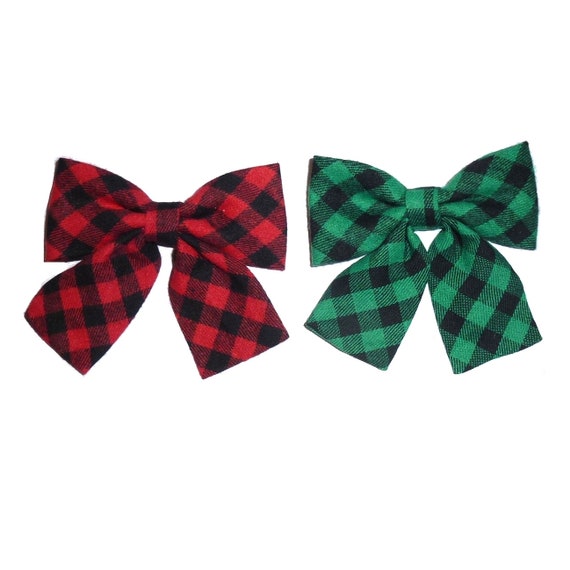 Dog collar slide bow Christmas buffalo plaid red or green bow accessory  (FB439))