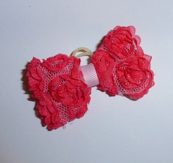 Puppy Bows ~ Shabby Chic mesh roses pink purple blue black pet hair bow barrettes or bands (fb104)