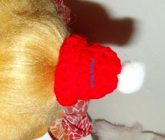 Puppy Bows ~ small Christmas cap hat pet hair bow barrette or latex bands red dog beanie (fb7)