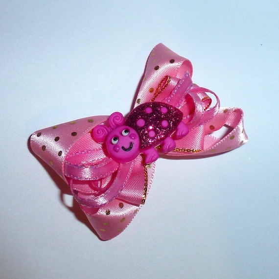 Puppy Bows ~Pink gold dot love bug dog bow pet hair clip barrette or latex bands (fb134)