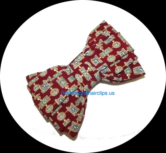 Becky Bows ~OOAK Barrette Hand crafted huge bow tie BIG hair bow Women or Girls giant burgundy jewels
