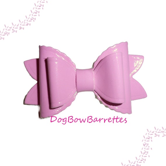 Dog hair bows small 2" bow Pink patent leather band or barrette clip (GLBX)