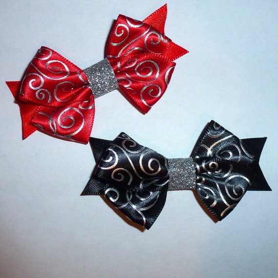 Puppy Bows ~Black silver or red silver swirl dog pet hair bowknot bow bands or barrette or collar slide (fb116)~USA seller