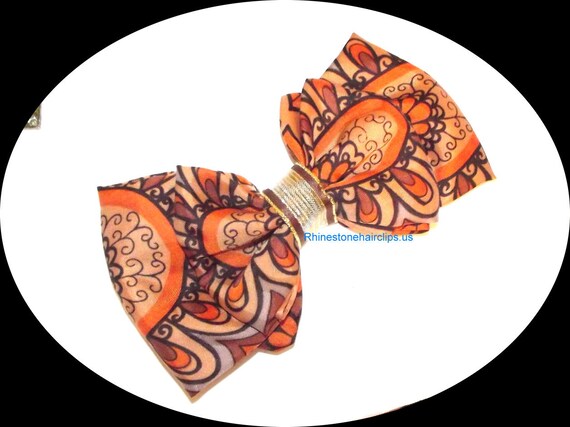 Becky Bows ~OOAK Barrette Hand crafted huge scarf BIG hair bow Women or Girls giant orange black brown