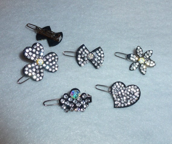 Puppy Bows ~ SUPER TINY 20mm black & crystal flower, bow, heart, shamrock, crown dog bow pet hair clip barrette
