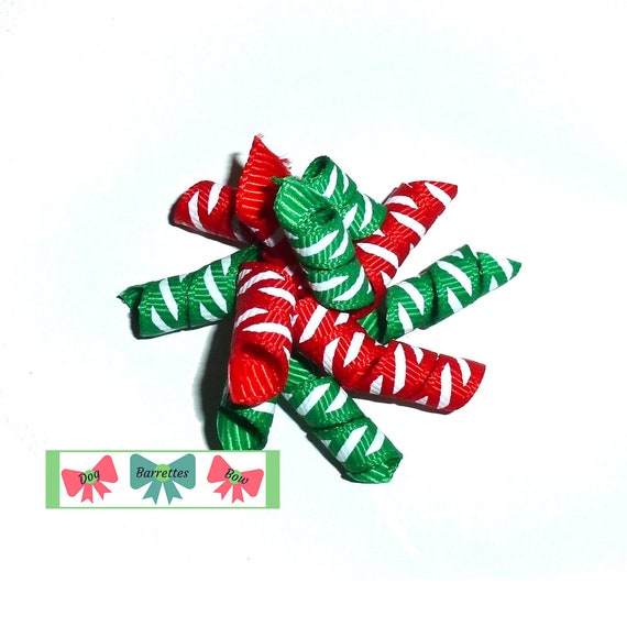 Puppy Bows red green Christmas candy mini Korker loop  dog bow  pet hair clip barrette or latex bands corky curly corker