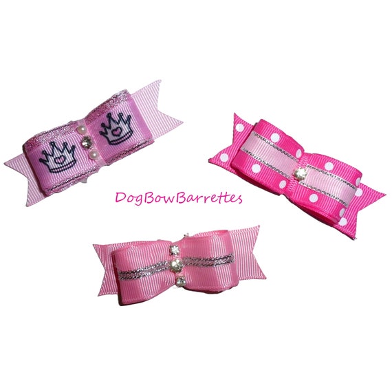 Puppy Dog Bows ~ pink show rhinestone center pet hair bow  barrettes  (brdr2)