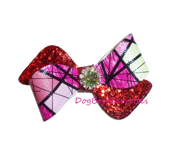 Puppy bows pink red stained glass rhinestone glitter hair bow for dogs bands or hairpin