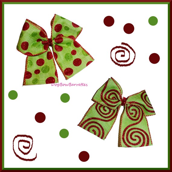 Puppy Bows ~ Dog collar slide bow Christmas Grinch colors Red green dot swirls  accessory  (DC29)