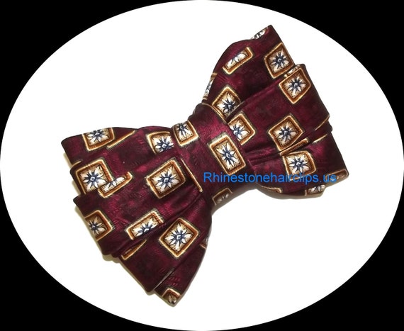 Becky Bows ~OOAK Barrette Hand crafted huge bow tie BIG hair bow Women or Girls giant burgundy navy gold
