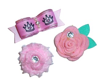 Barrettes pour chien, fleurs roses, 3 noeuds de toilettage en poils d'animaux de compagnie (FB396c)