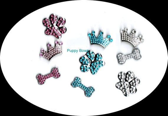 Puppy Bows ~ pet hair clip RHINESTONE 3 piece set dog barrettes bone, crown, paw print Crystal ~