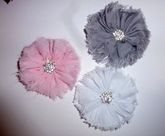 Puppy Bows ~ Shabby chic pink gray white purple frayed pet hair bow barrettes or bands (fb103)