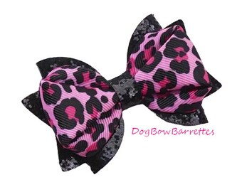 Dog hair bows pink black glitter animal print bow band or barrette clip (fb478)