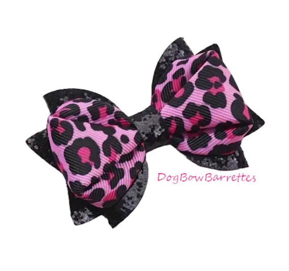 Dog hair bows pink black glitter animal print bow band or barrette clip (GLBX)
