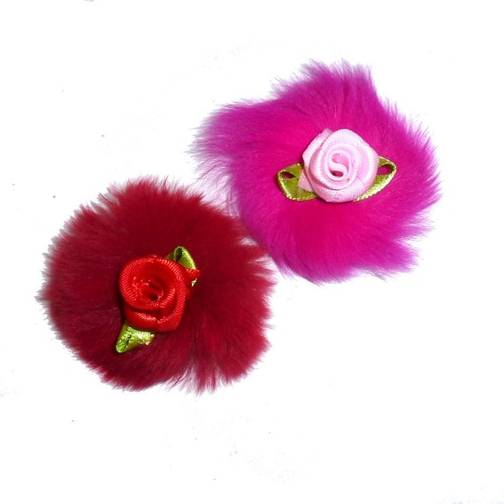 Dog  fur hair bows with roses pink and red latex bands (456F)