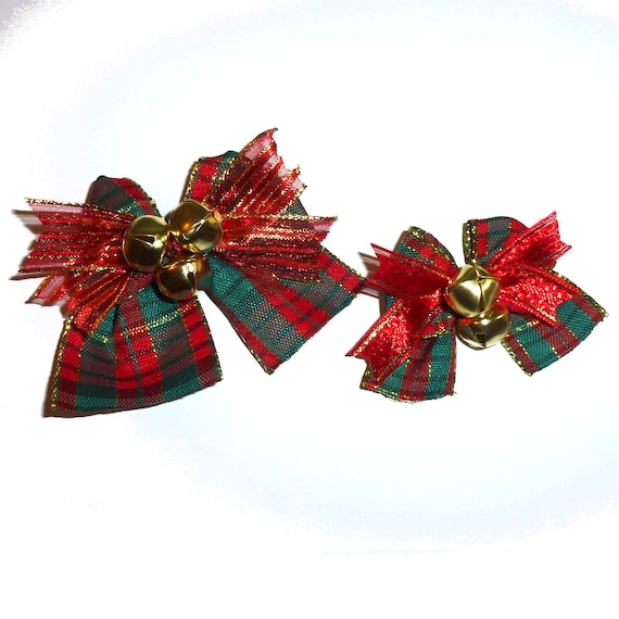 Puppy Bows ~ Christmas plaid jingle bell bow pet hair latex bands or clip dog Collar slide (fb334)