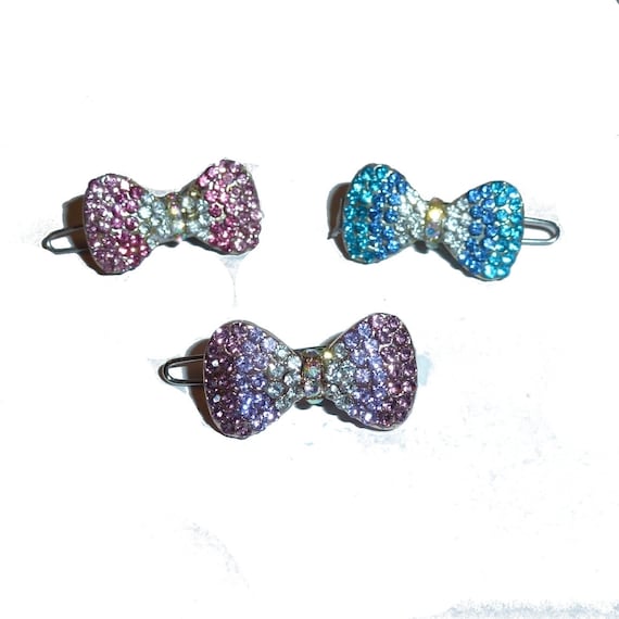 Dog Bows pink blue or purple bowknot bow rhinestone Super tiny  1" pet hair barrette clip (TB17)