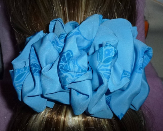 Becky Bows ~ ROSETTE Barrette Hand crafted giant huge Scarf BIG hair bow Women or Girls blue tulips