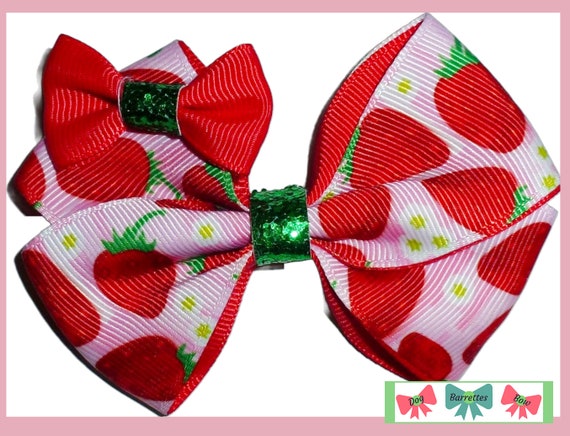 Puppy Bows ~  BIG strawberry 4" dog hair bow or collar slide bands or clip (fb381d)