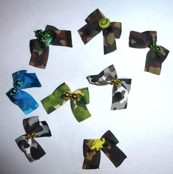 Puppy Bows ~8 green black camo boys EVERYDAY BOWS Yorkie Maltese Shih Tzu ~Usa seller (fb81)