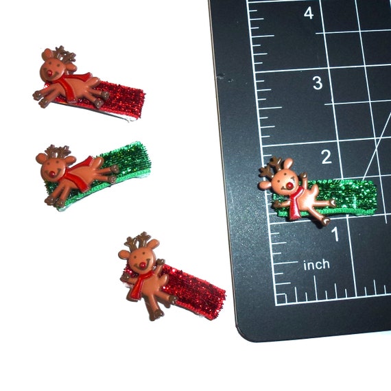Christmas TWO Prancing Reindeer  men red green glitter snap clip barrette pet hair dog bow (fb361H)