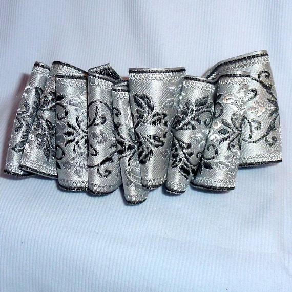 Becky Bows ~ Barrette jacquard Hand crafted over sized BIG hair bow Women or Girls silver black brocade