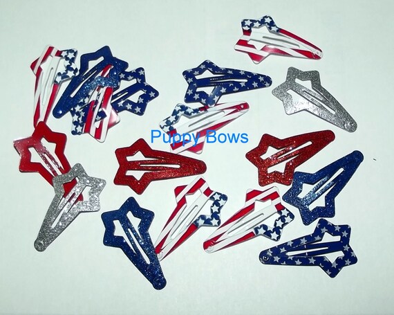 Puppy Bows ~ Set of 3 USA flag 4th of July patriotic red white blue dog pet hair snap barrette ~Usa seller